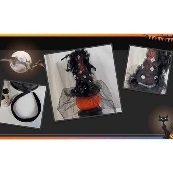 Fancy Witch Hat Fascinator - Orange Hat w/ Veil & Black Feathers - Halloween Hat - Picture 1 of 13